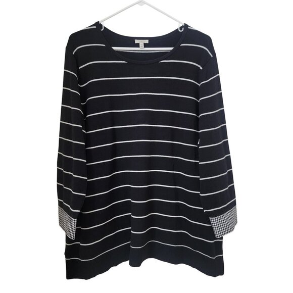 Talbots Size 2X Black w/White Stripe & Contrasting Gingham Plaid Cuff Sweater - Picture 1 of 9